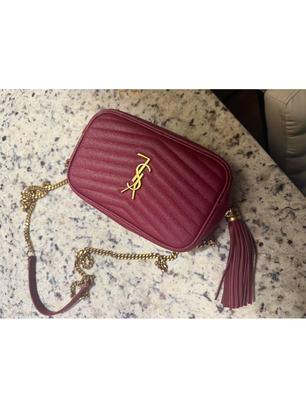 Saint Laurent Burgundy Quilted Leather Camera Bag with Tassel